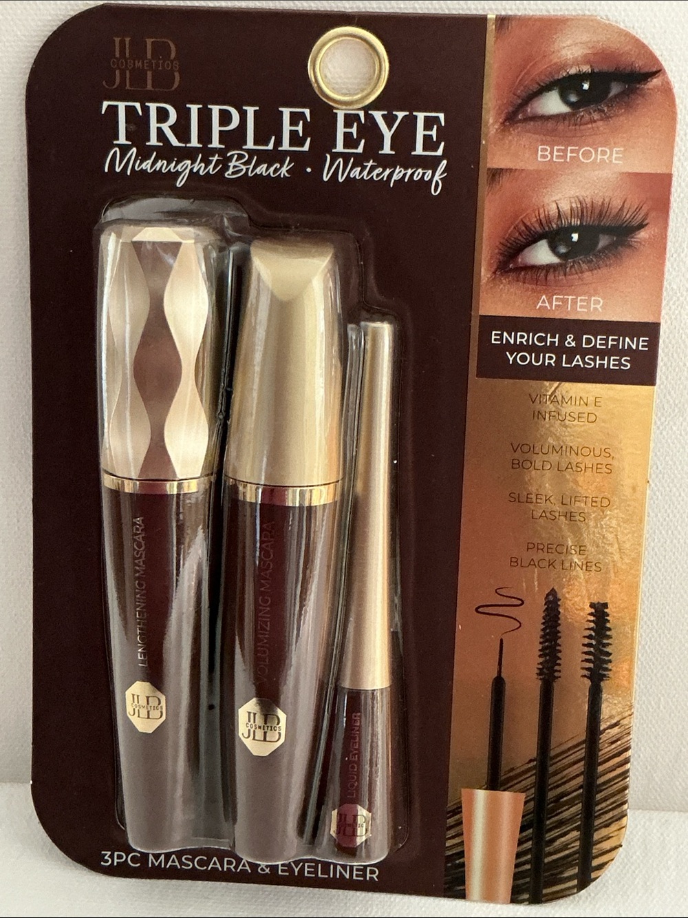 JLB Cosmetics Triple Eye Midnight Black (3) PC Mascara and Eyeliner.